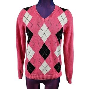 Izod Golf‎ Pink Diamond Argyle V-Neck Y2K Preppy Sweater Size Small Women's